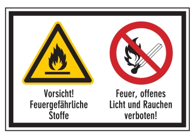Vorsicht! Feuergefährliche Stoffe/Feuer, offenes Licht und Rauchen verboten