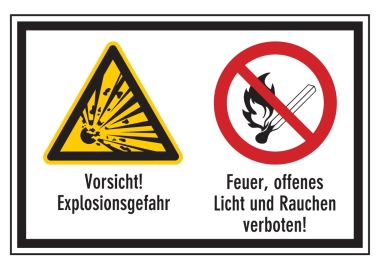 Vorsicht! Explosionsgefahr/Feuer, offenes Licht und Rauchen verboten