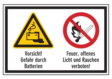 Vorsicht! Gefahr durch Batterien/Feuer, offenes Licht und Rauchen verboten